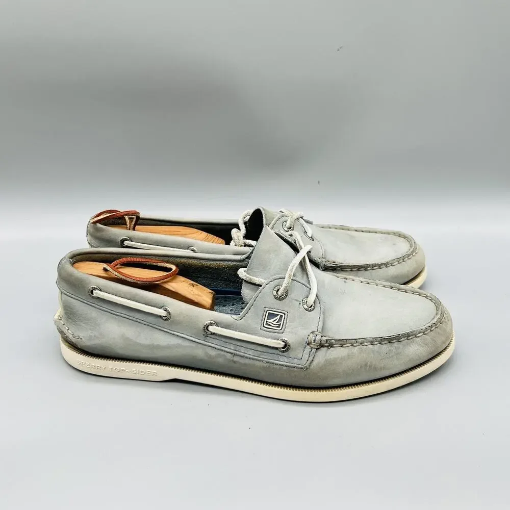 Sperry Shoes Mens 10.5 Gray Leather Top Sider 2 Eye Boat Moc Toe Casual Comfort